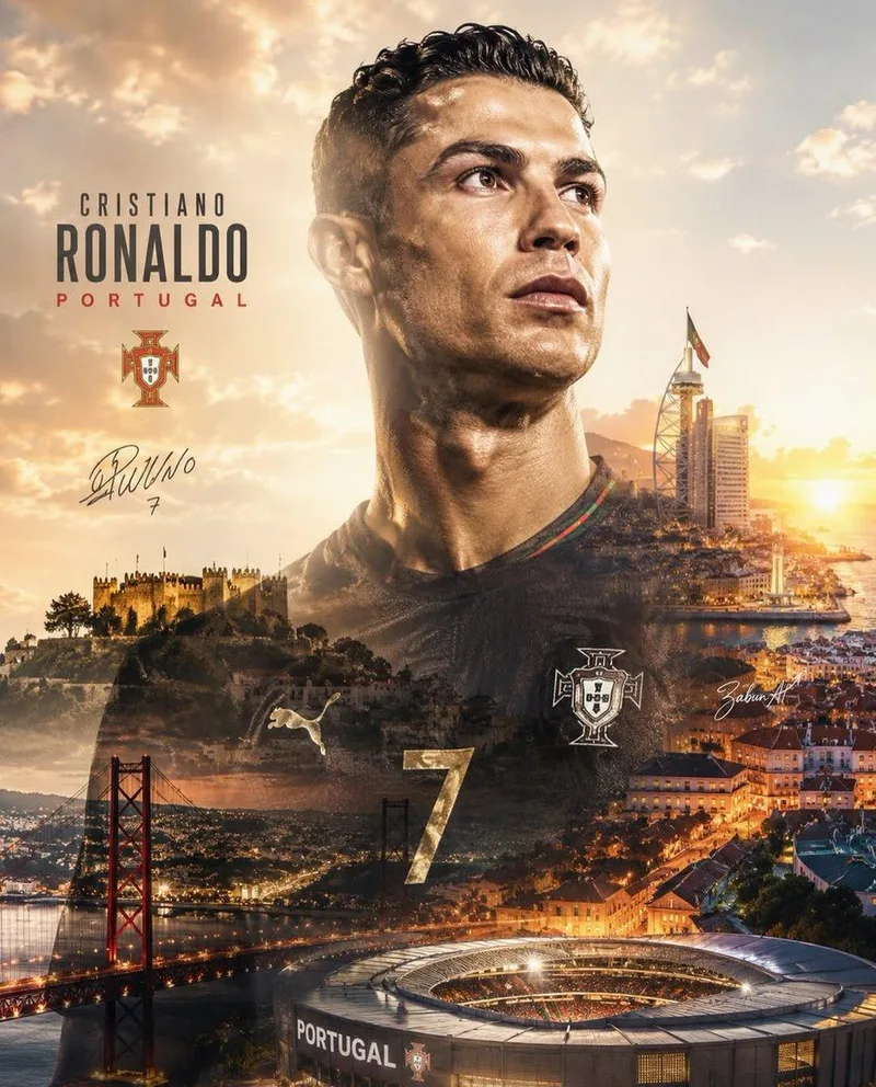 A warm-toned football portrait poster with Portugal lettering, city scenery and a stadium