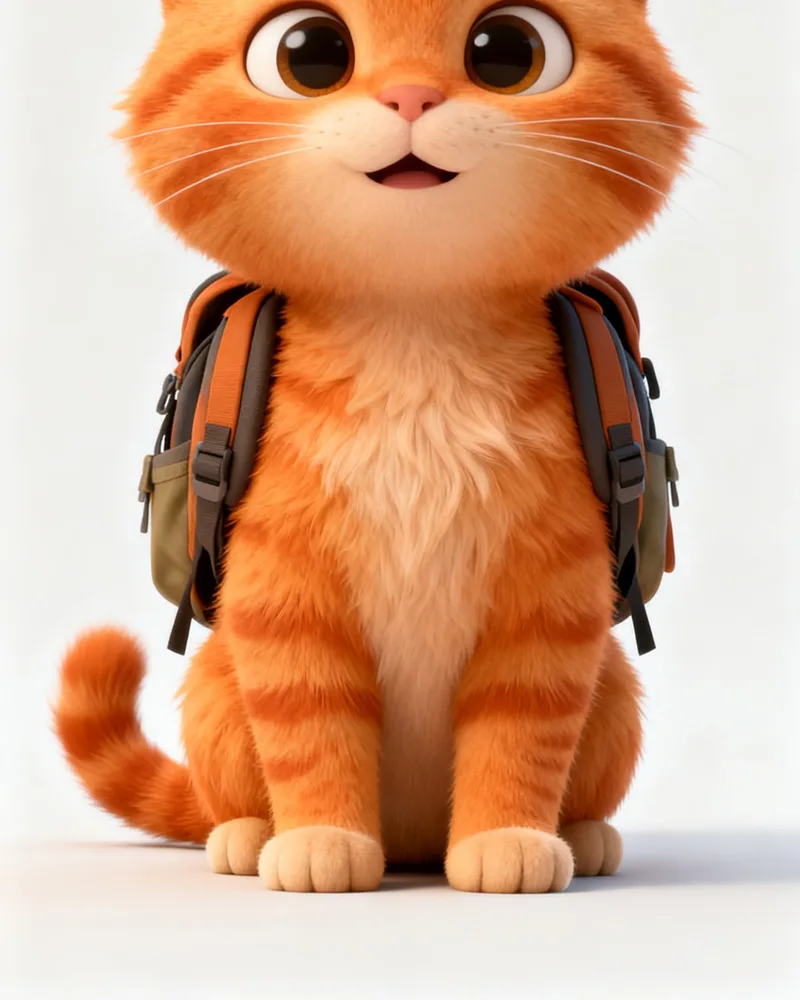 An orange 3D cat character wearing a small backpack on a pale background