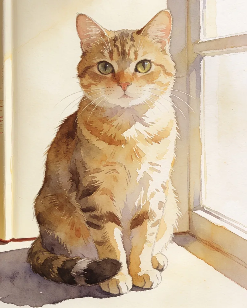 Watercolor portrait of an orange tabby beside a warmly lit window