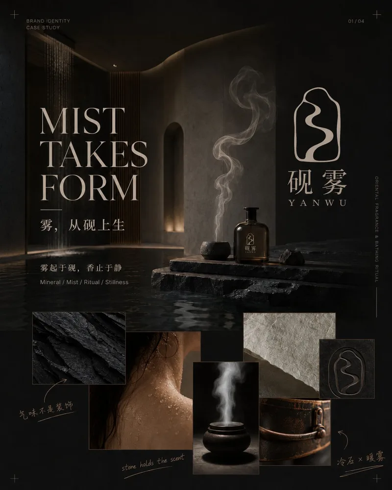 YANWU concept cover with mist, dark stone and a bottle still life