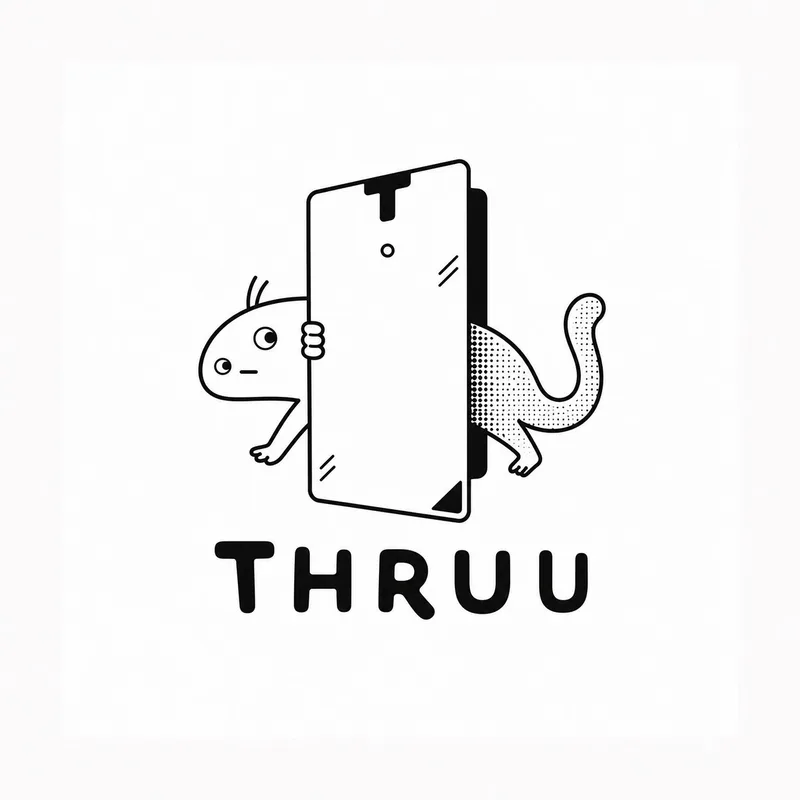 A creature peeking around both sides of a door above the THRUU wordmark
