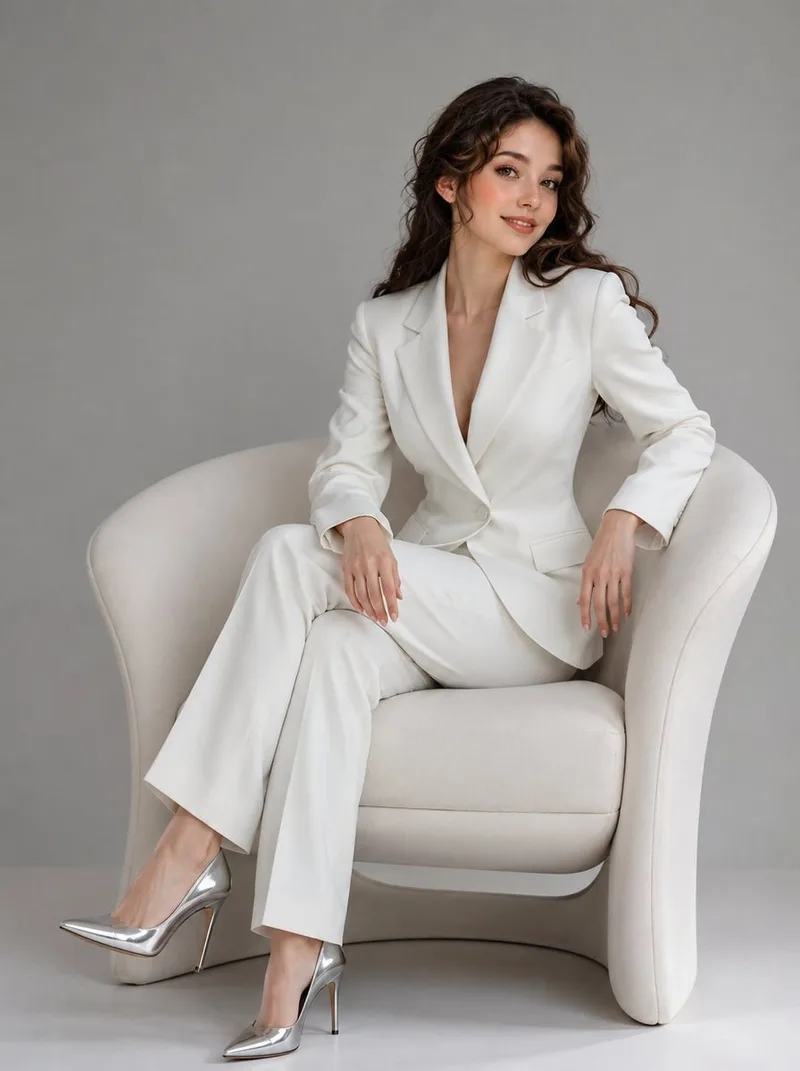A woman in a white pantsuit seated in a white chair against a pale-gray studio backdrop