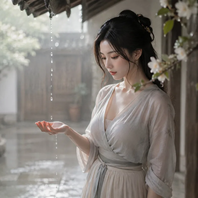 A figure in pale period clothing catching rain beneath the eaves and looking toward her palm