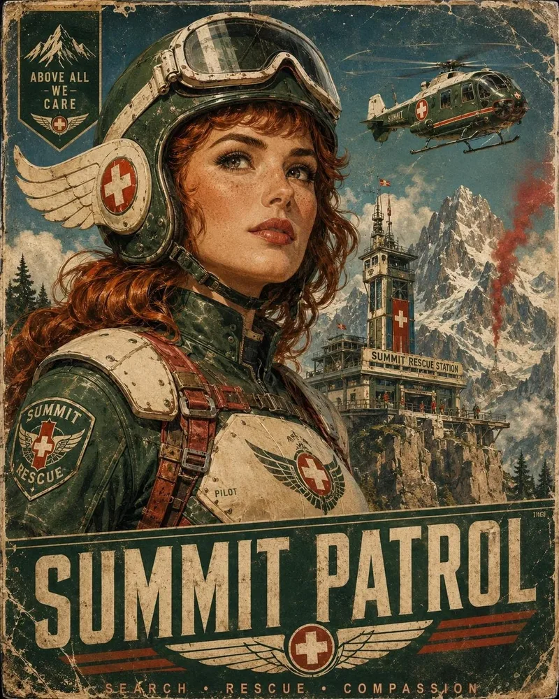 SUMMIT PATROL海报，头盔人物前景与山地救援直升机背景