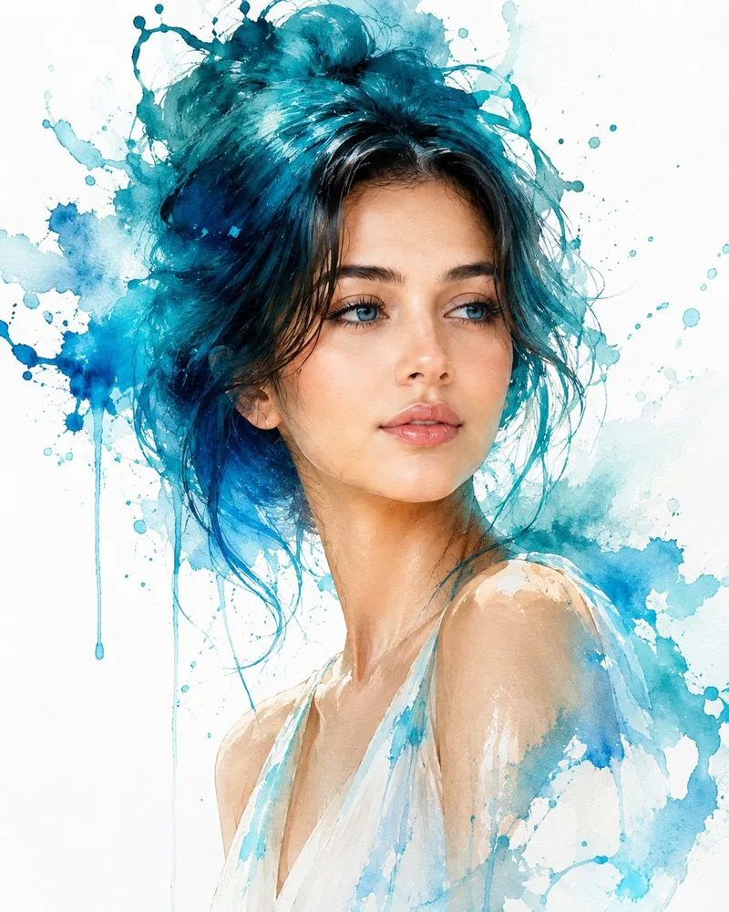 Turquoise watercolor washes flowing through a portrait’s hair and shoulders on white