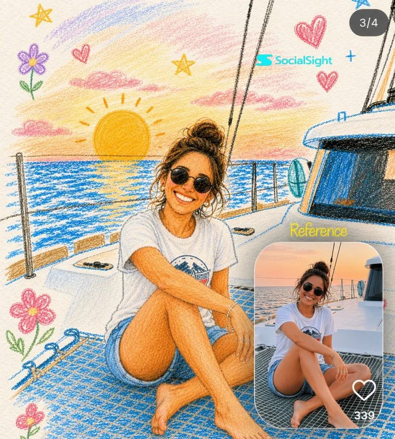 A seated boat portrait rendered in colored pencil with a photo inset at the lower right