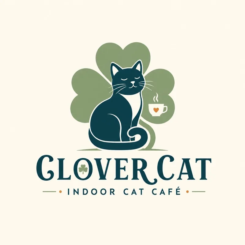 CLOVERCAT wordmark beneath a dark-green cat, coffee cup and pale-green plant shape