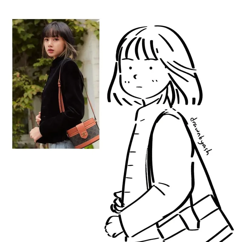 A black-ink doodle of a figure with a coat and shoulder bag, with the reference photo inset