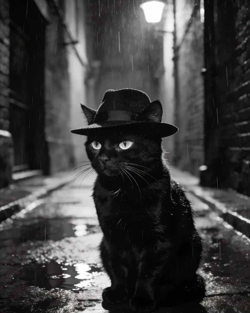 A black cat in a hat sitting in a rainy alley with wet reflections