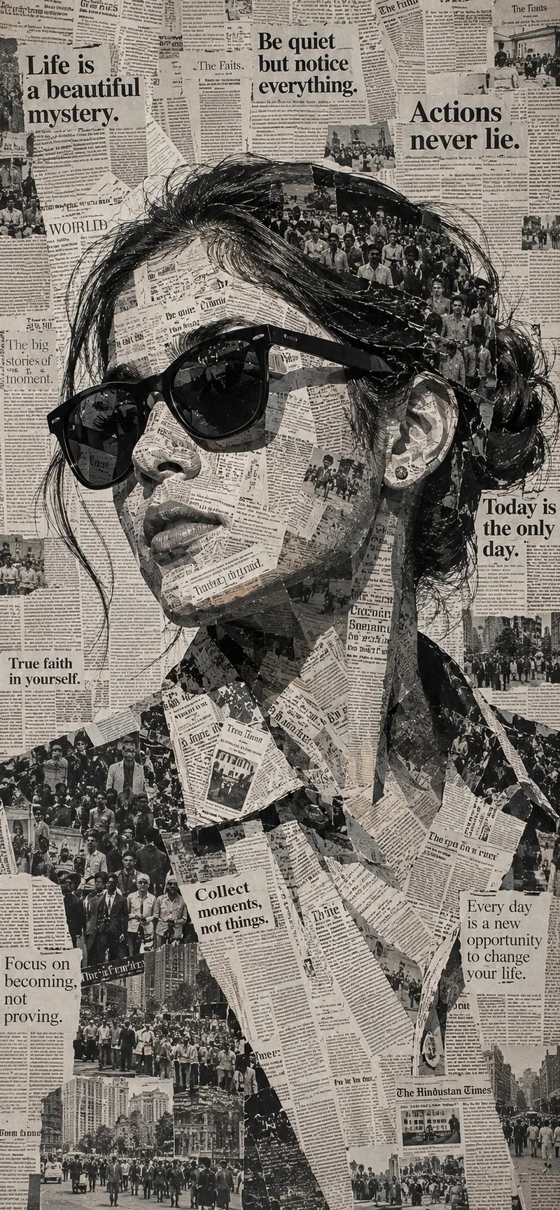 A sunglasses portrait assembled from newspaper clippings against a printed-paper background