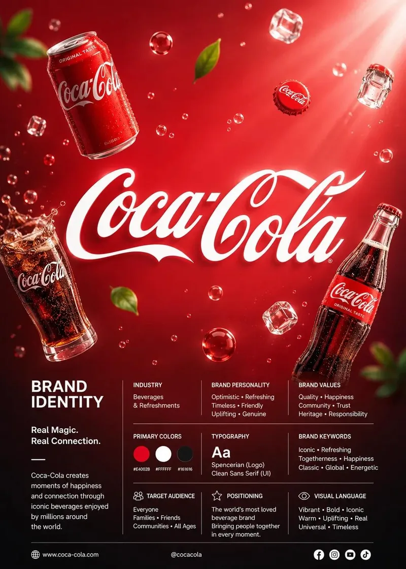 A red beverage-brand presentation with a central logo and floating containers