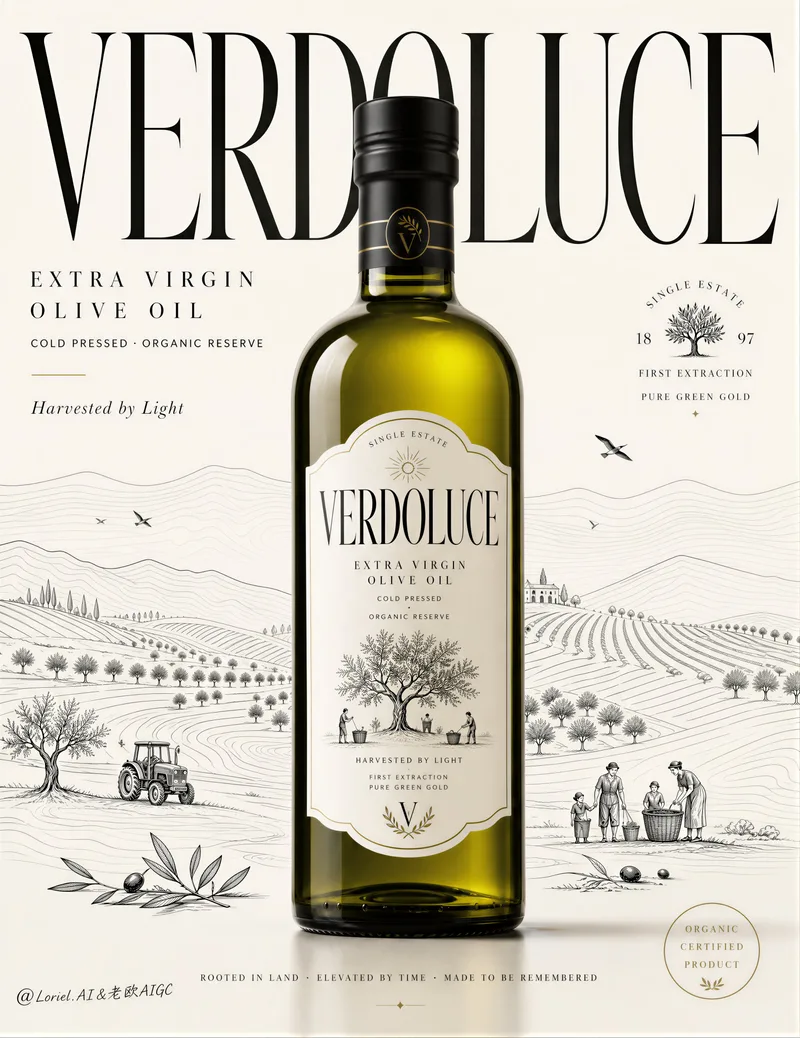 VERDOLUCE概念绿玻璃橄榄油瓶与黑色橄榄园线描海报