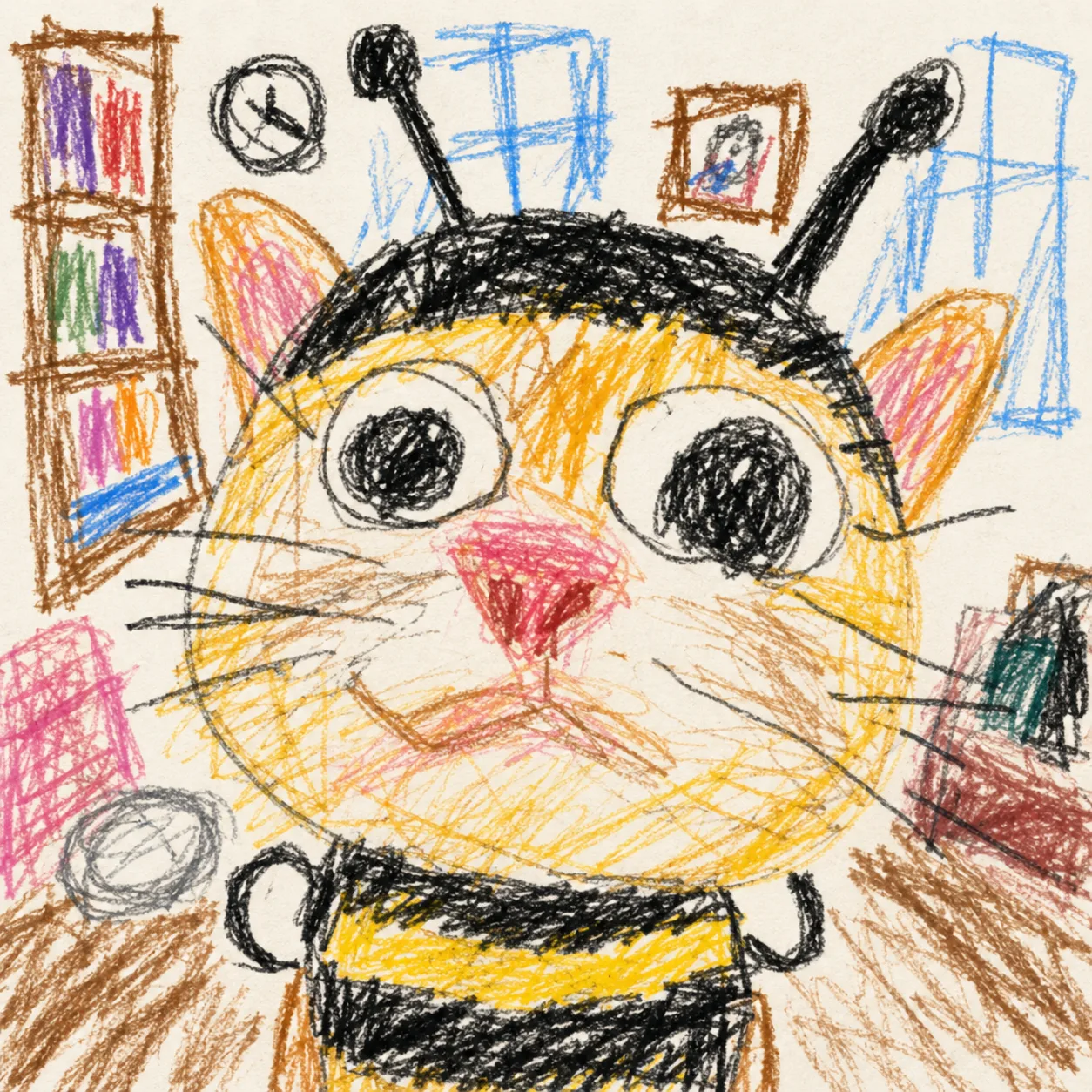 Toddler crayon doodle result of the bee-costume cat